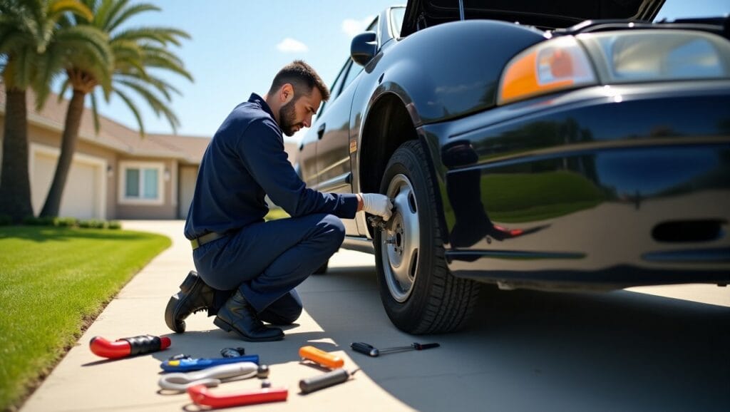 A certified mobile mechanic working on a sedan in a sunny Oakland, CA residential driveway, with toolboxes open and the city skyline faintly in the background.