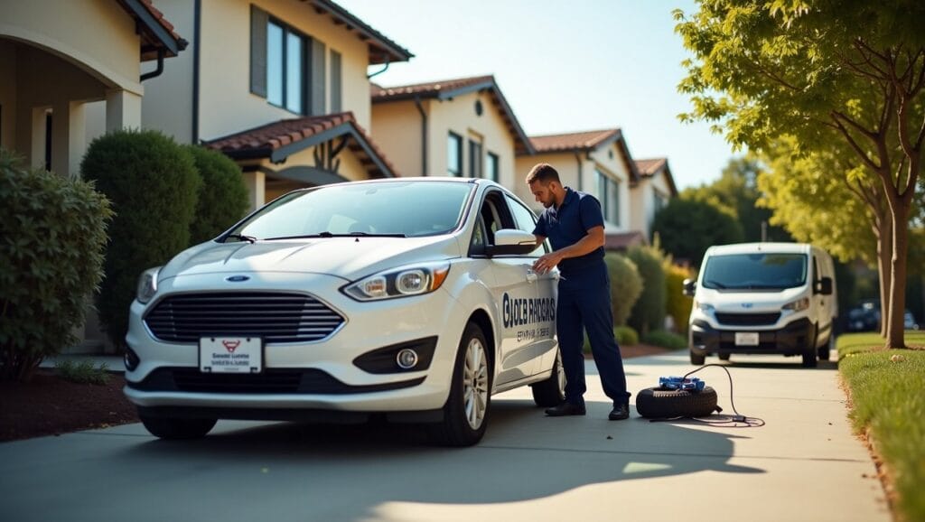 The mechanic is wearing a uniform and using diagnostic tools or changing a tire. A branded service van is nearby, and the scene conveys convenience and professionalism in a sunny California setting.