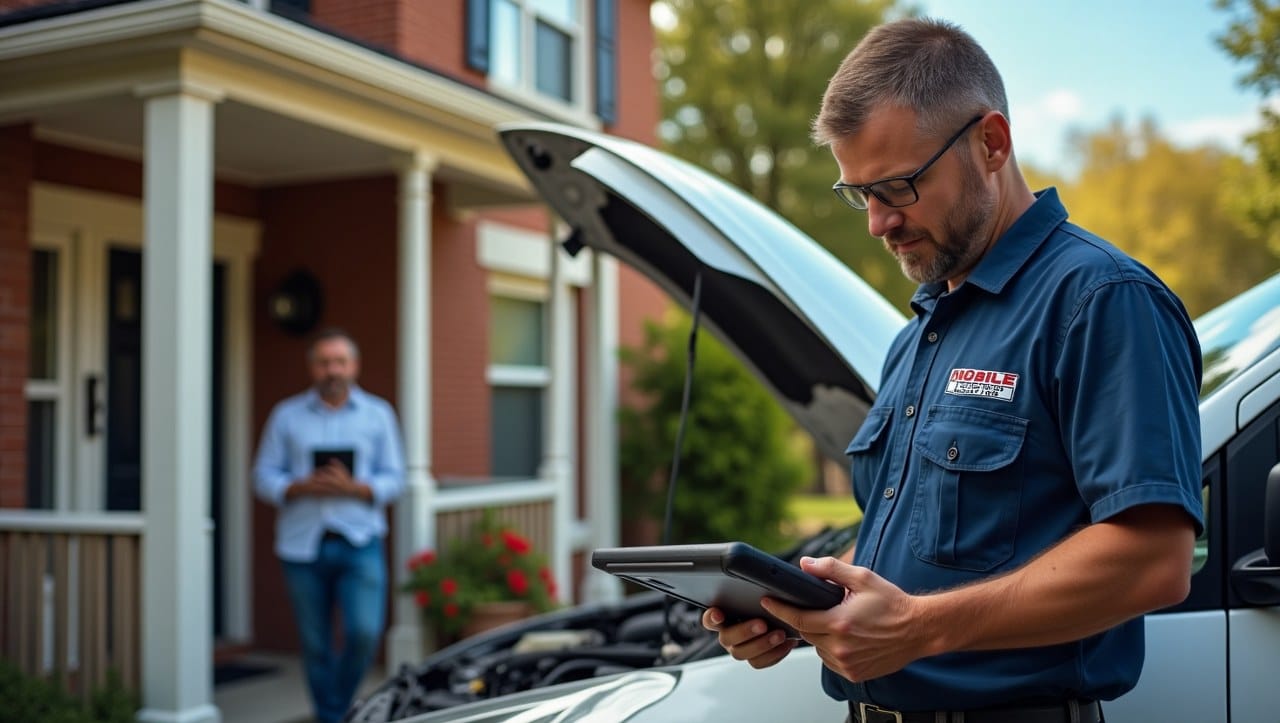 A mobile mechanic working on a car parked in a residential Oakland, CA driveway, with urban West Coast homes and greenery in the background.