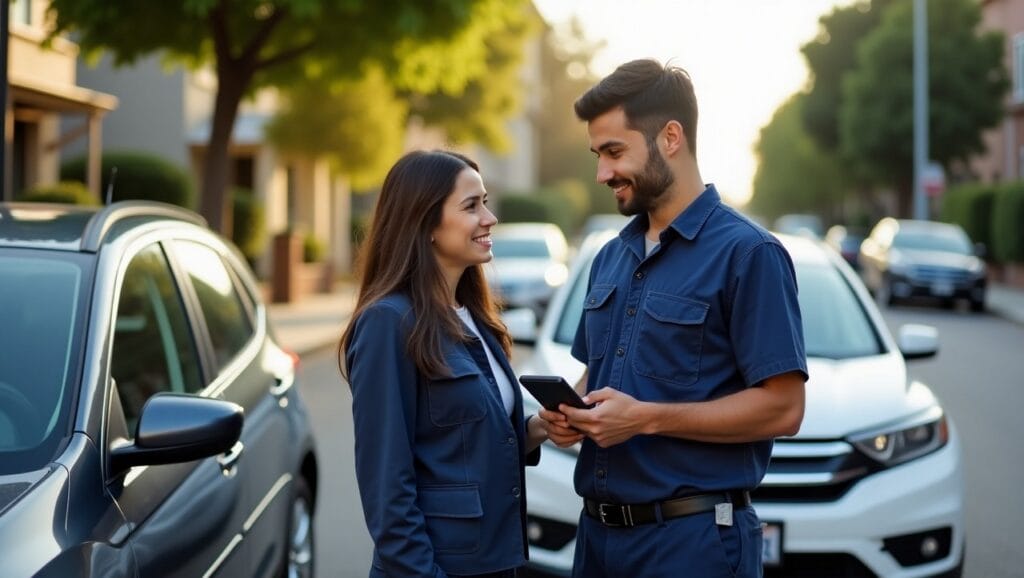 ertified mobile mechanic in Oakland, CA using a diagnostic scanner while speaking with a customer near a parked car in a residential neighborhood.