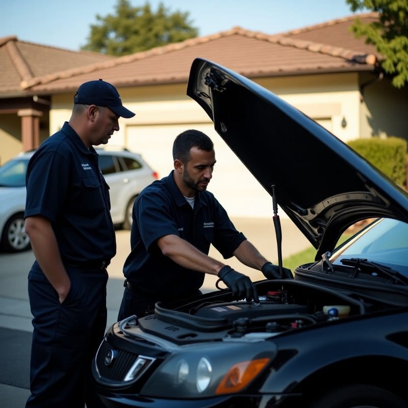 Mobile mechanic performing engine diagnostics on a sedan parked in an Oakland, CA driveway, using a digital scanner and professional tools.