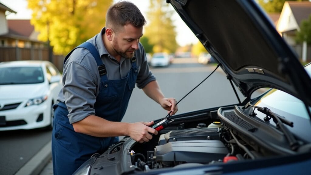 Certified technician in Oakland, CA replacing a vehicle’s brake pads roadside with a fully equipped mobile service van parked nearby