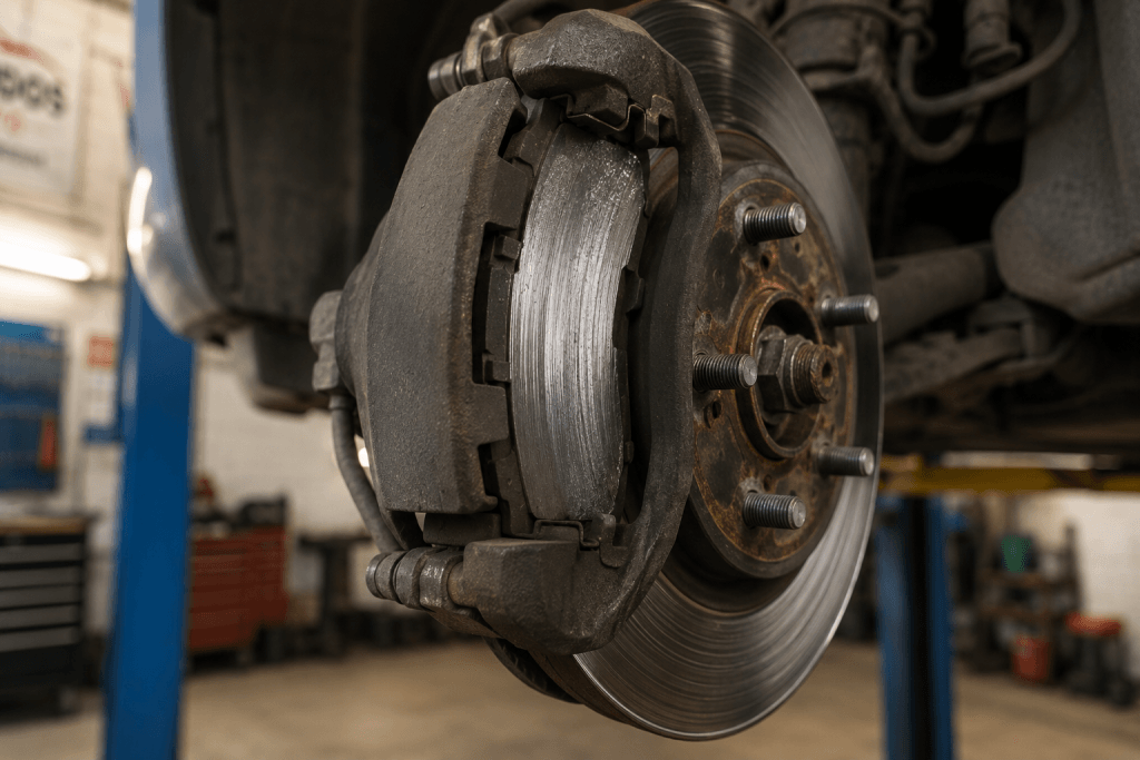 Worn brake components in workshop setting