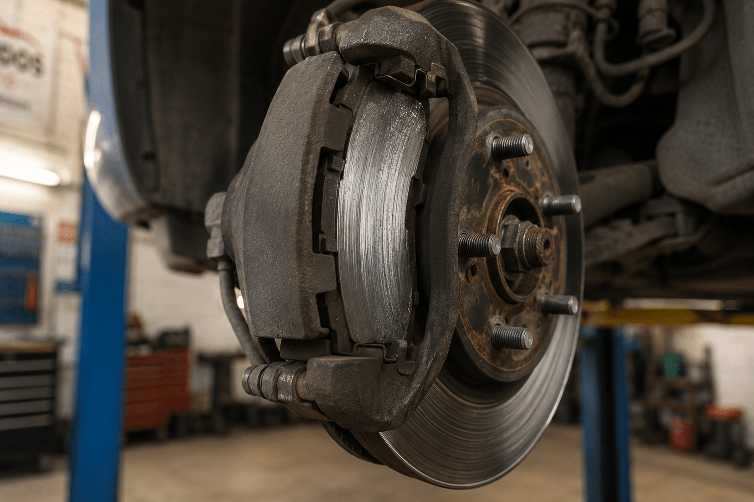 Worn brake components in workshop setting